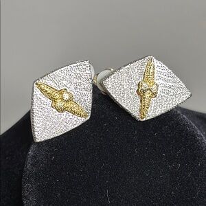 Sparkling Two-Tone Diamond-Shaped Clip On Earrings with Gold Accents